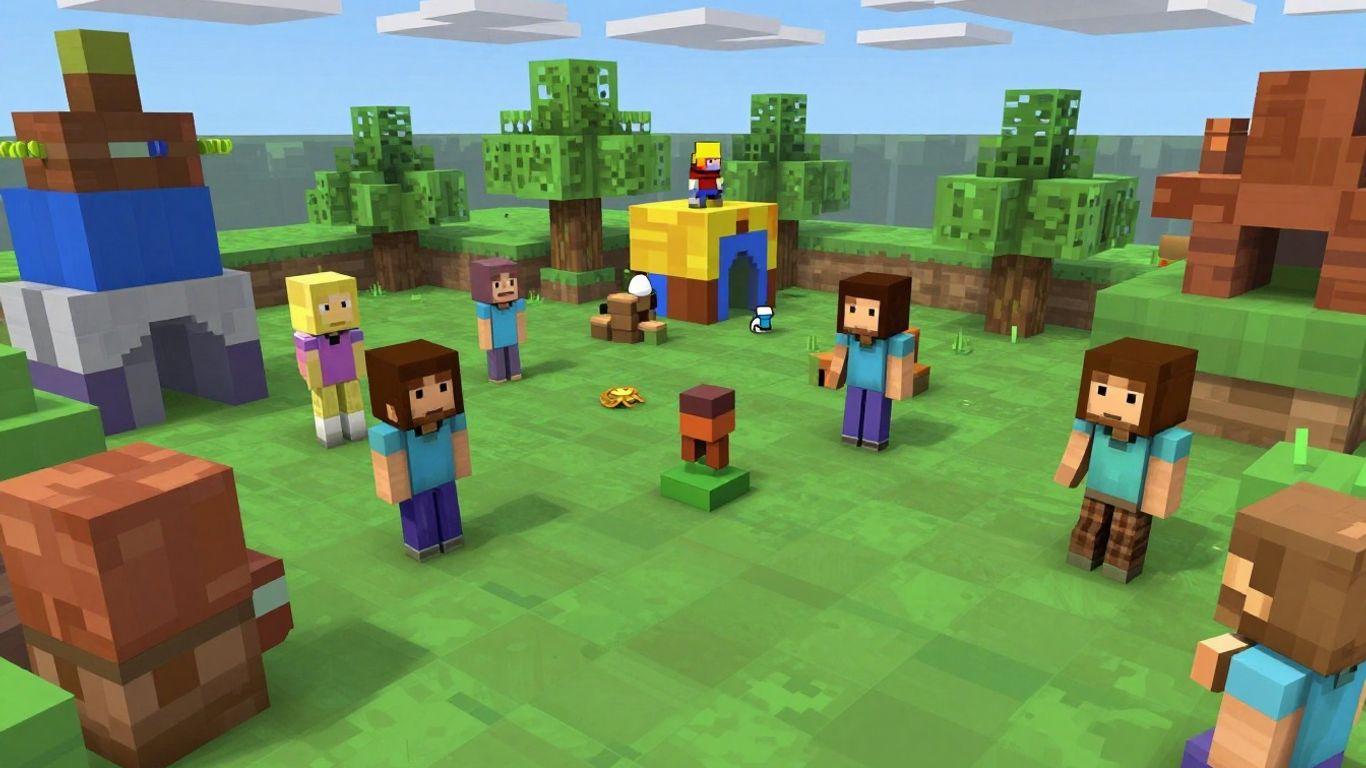 Blocky characters building and exploring a colorful game world.