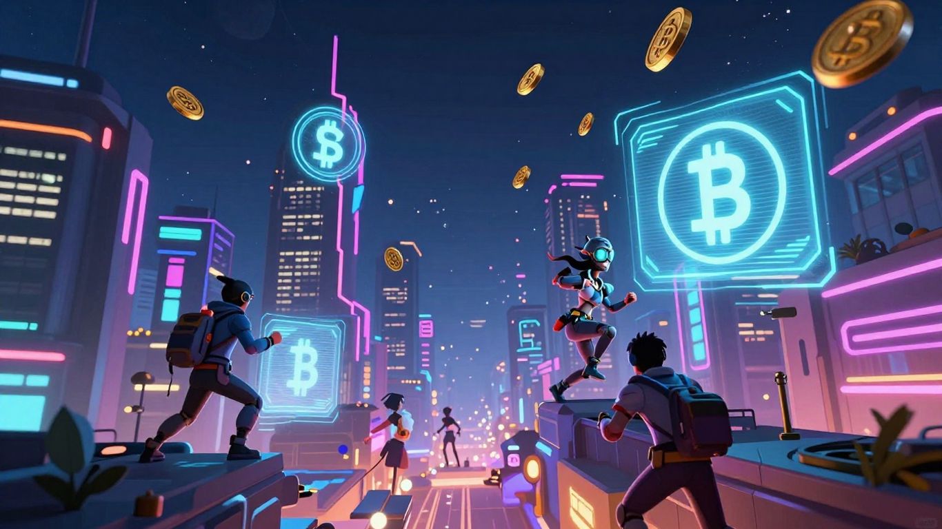 Futuristic crypto gaming cityscape with digital currency symbols.