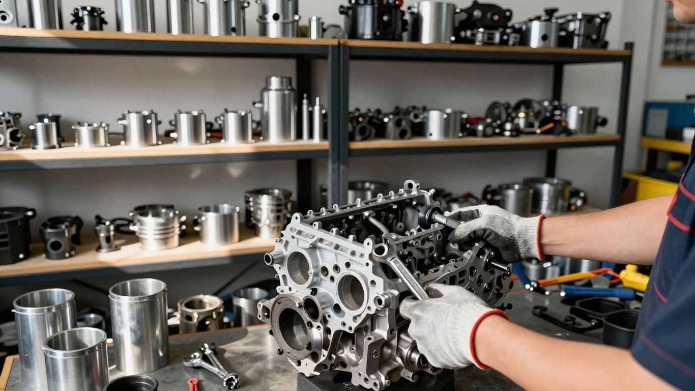 Mitsubishi car parts in a workshop