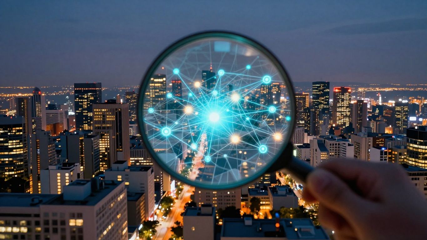 Cityscape with digital connections and magnifying glass over map.