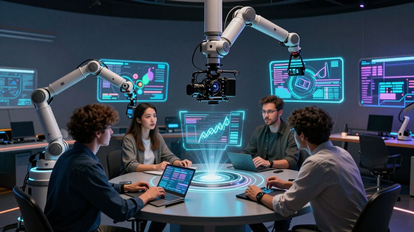 AI and humans collaborating in a futuristic music video studio.