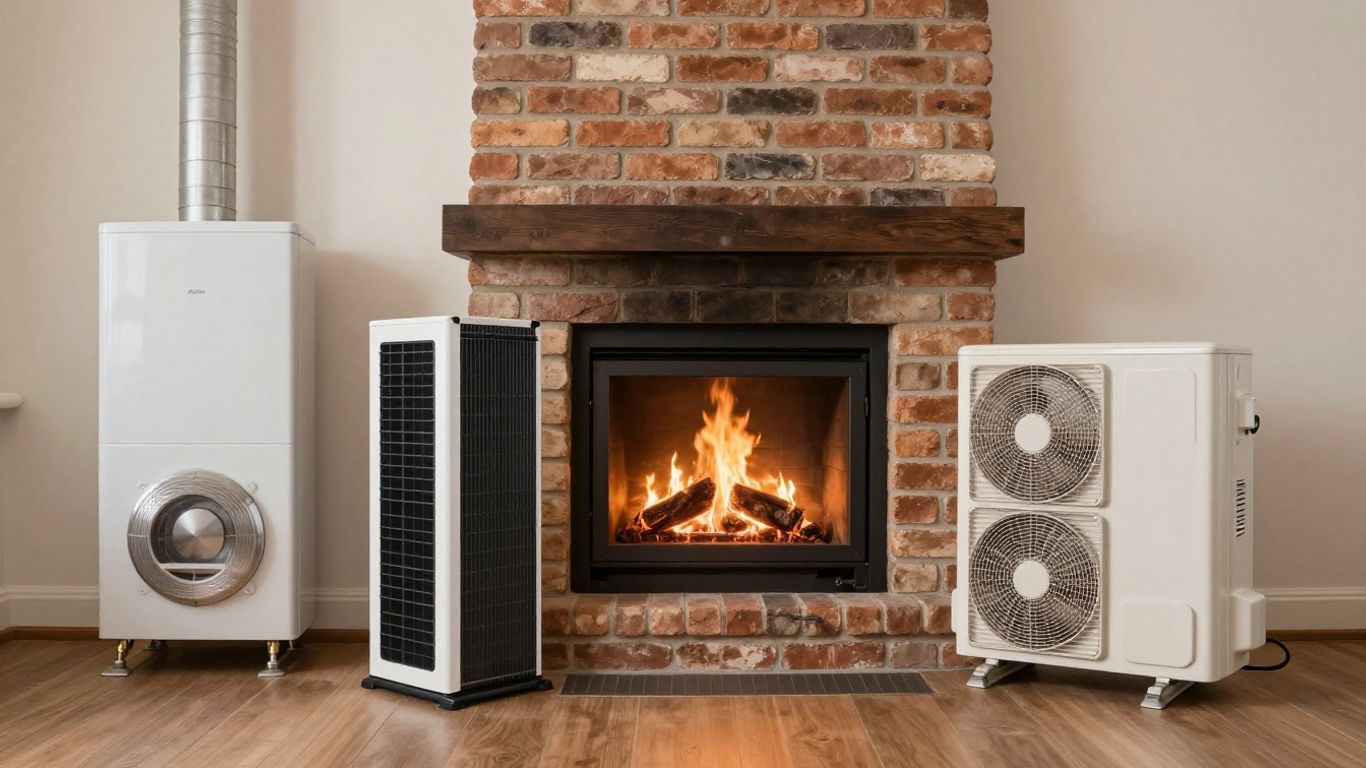 Home heating equipment: furnace, heat pump, fireplace, boiler.