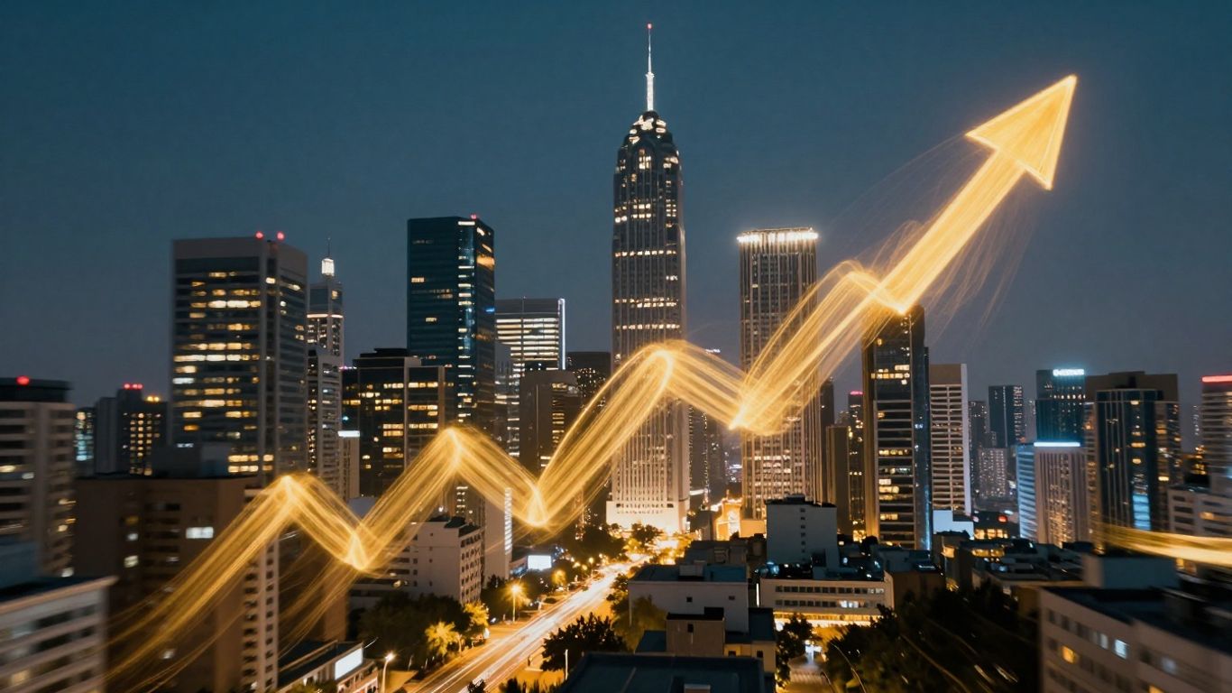 Financial news cityscape with golden light trails.