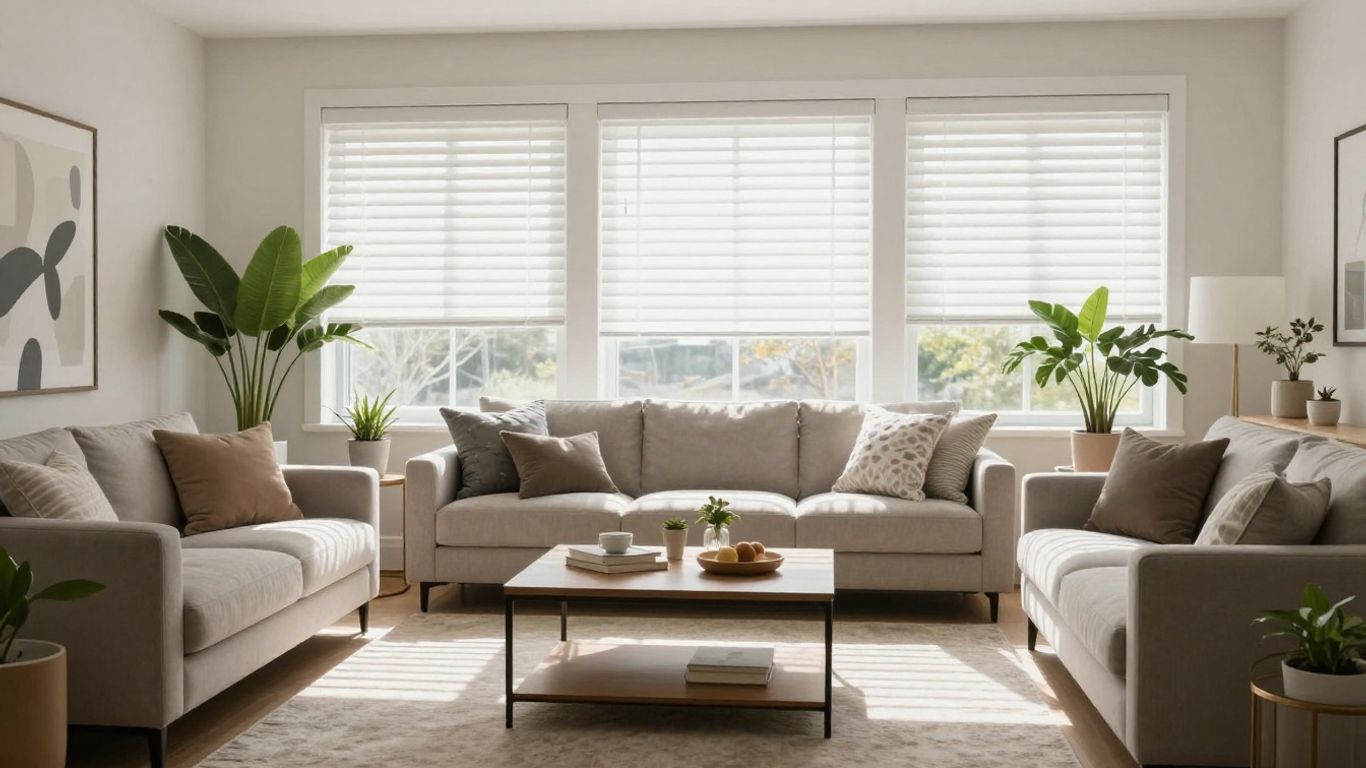 White faux wood blinds on bright living room windows