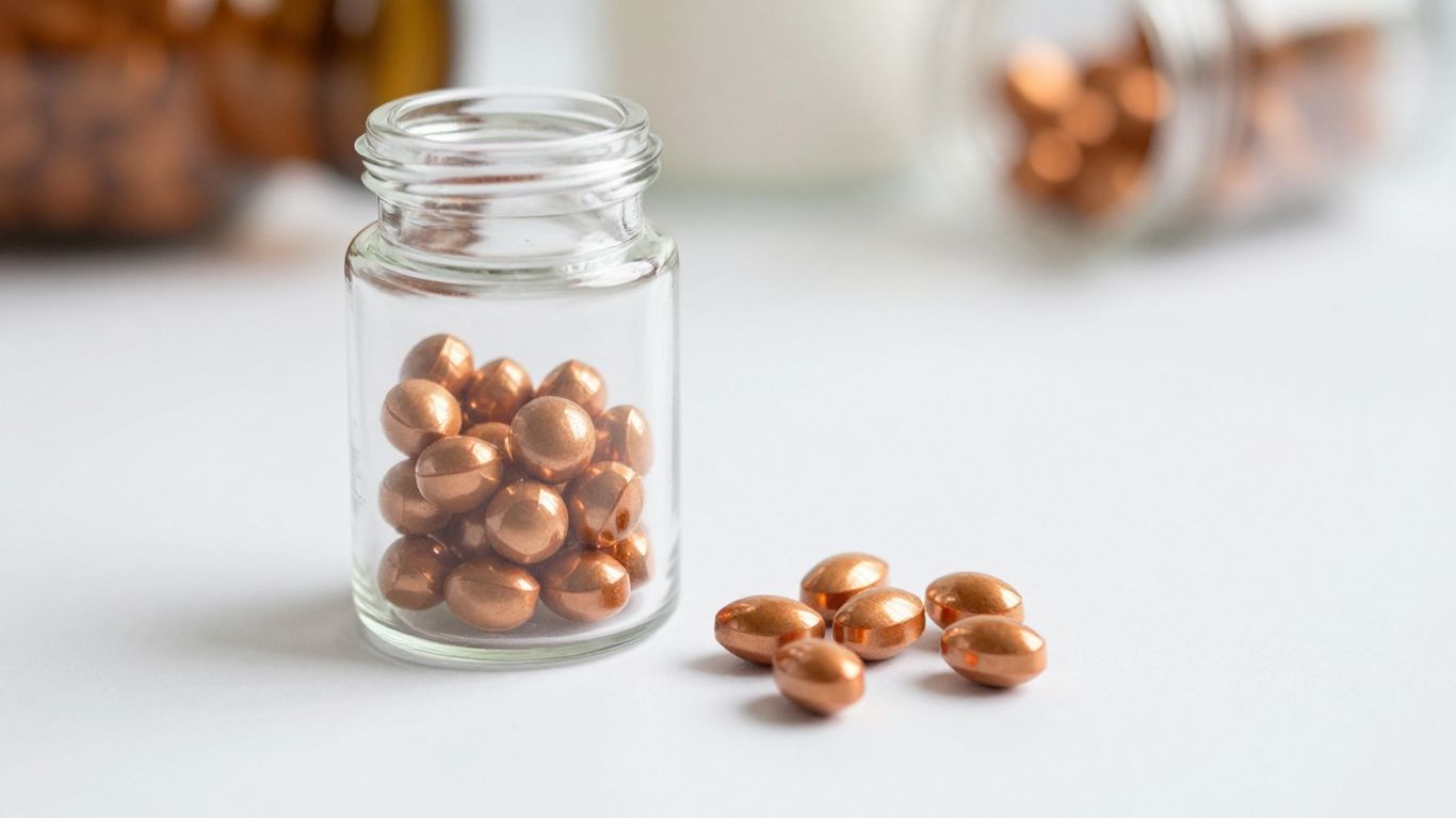 Zinc and copper supplement capsules in a bottle.