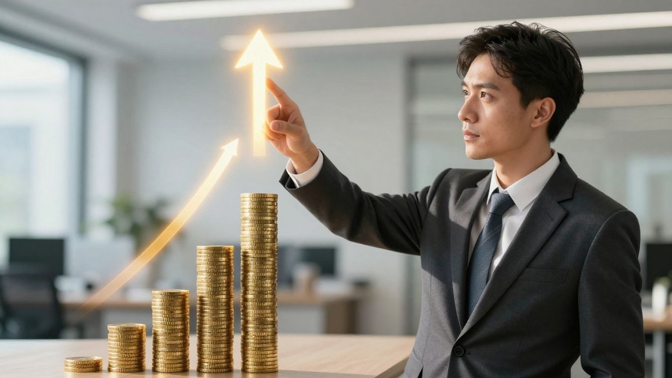 Business professional pointing at rising profit line made of coins.