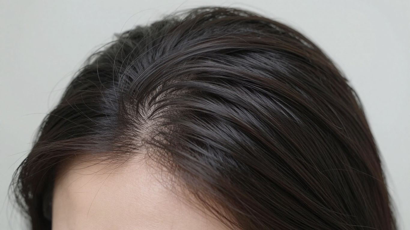 Woman's scalp with thinning hair, close-up view.
