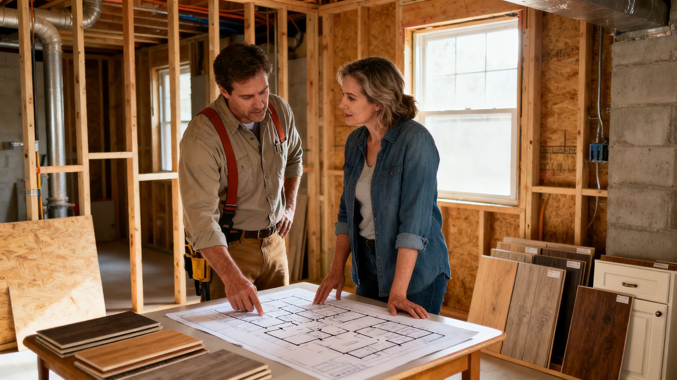 A contractor reviewing basement renovation plans