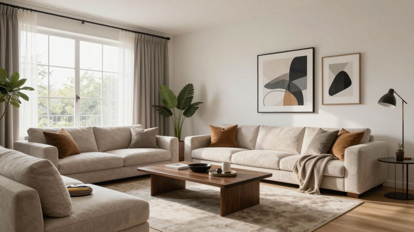 Stylish Airbnb living room with modern furniture and decor.