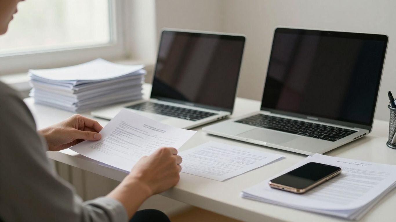 Person organizing medical records beside a laptop