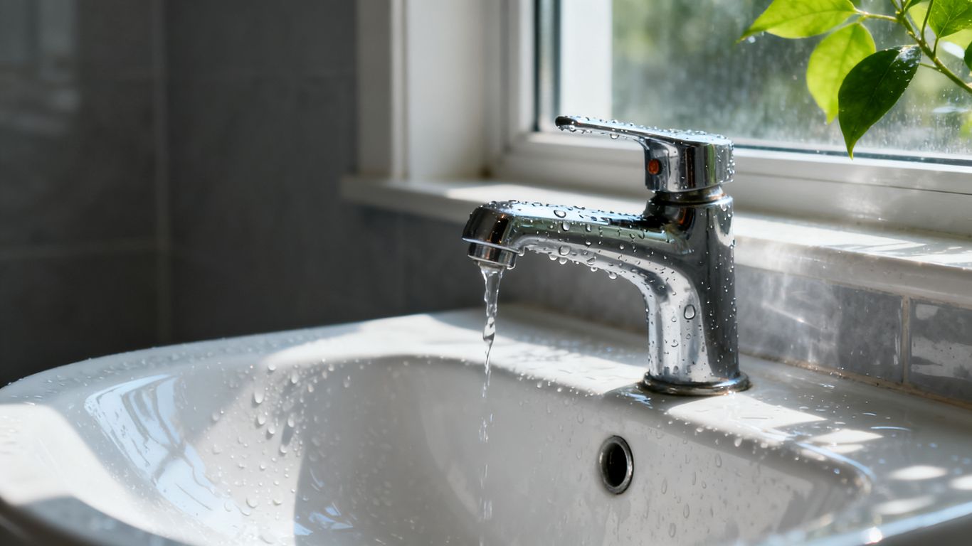 Dripping faucet in a bathroom sink.