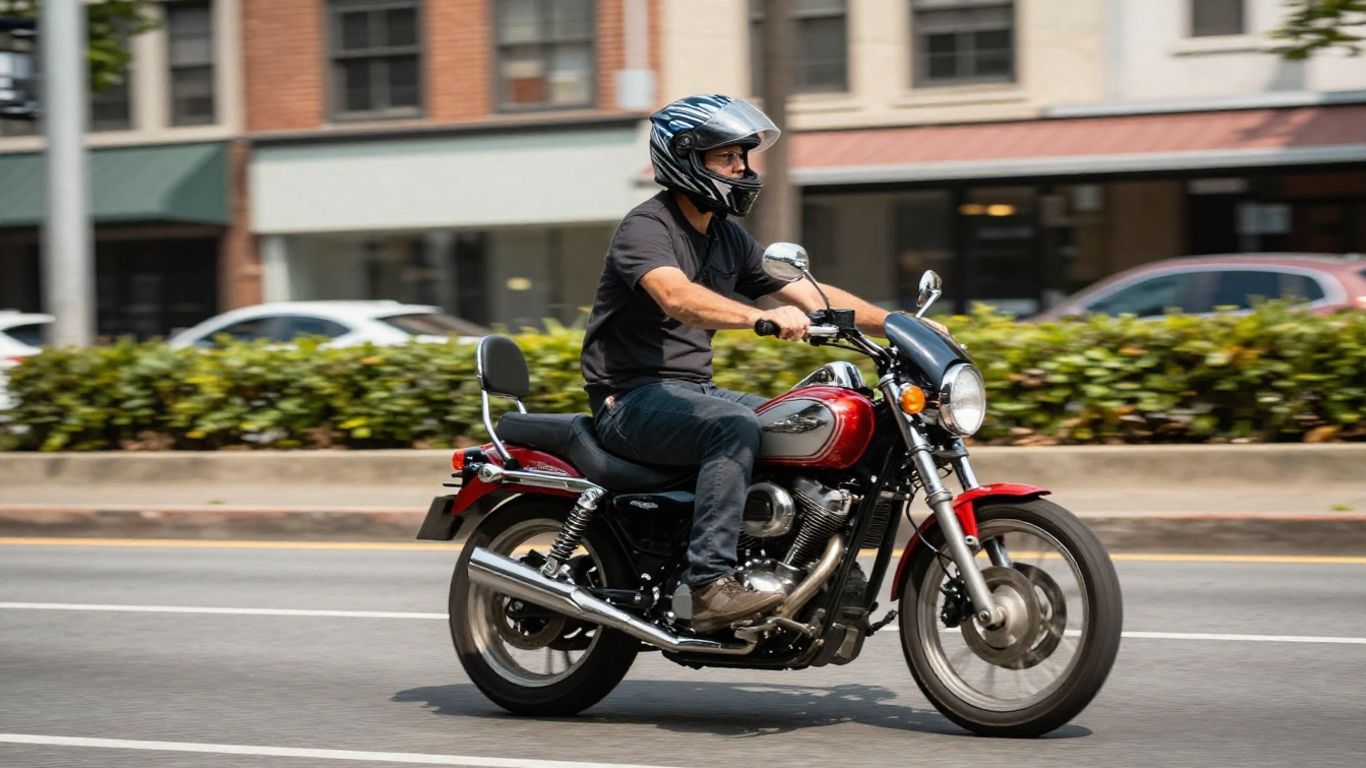Motorcycle rider wearing a helmet on a street.