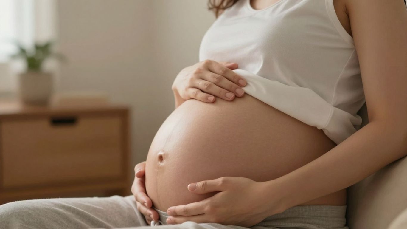 Mujer embarazada tocando su vientre con una sonrisa.