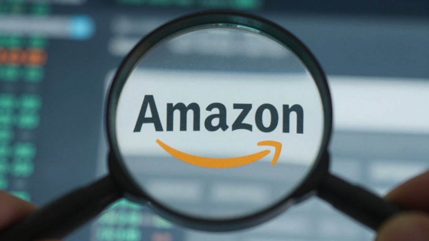 Amazon logo with magnifying glass, digital data background.