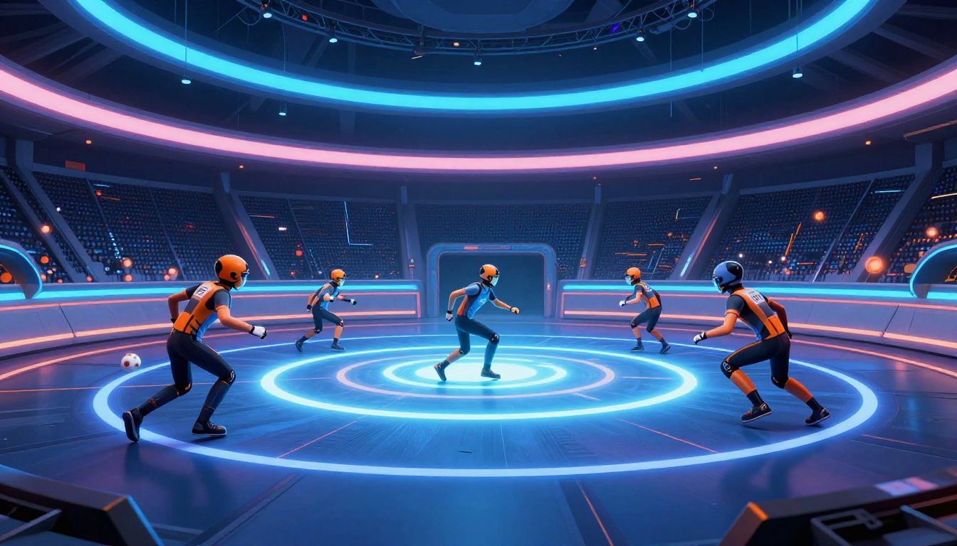 Carros disputando a bola em uma arena futurista de Rocket League, com rastros de nitro azul e laranja durante uma jogada aérea