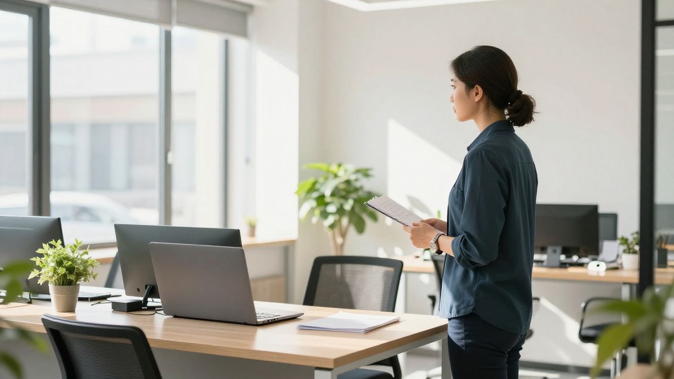 Small business owner in modern office, ready for success.