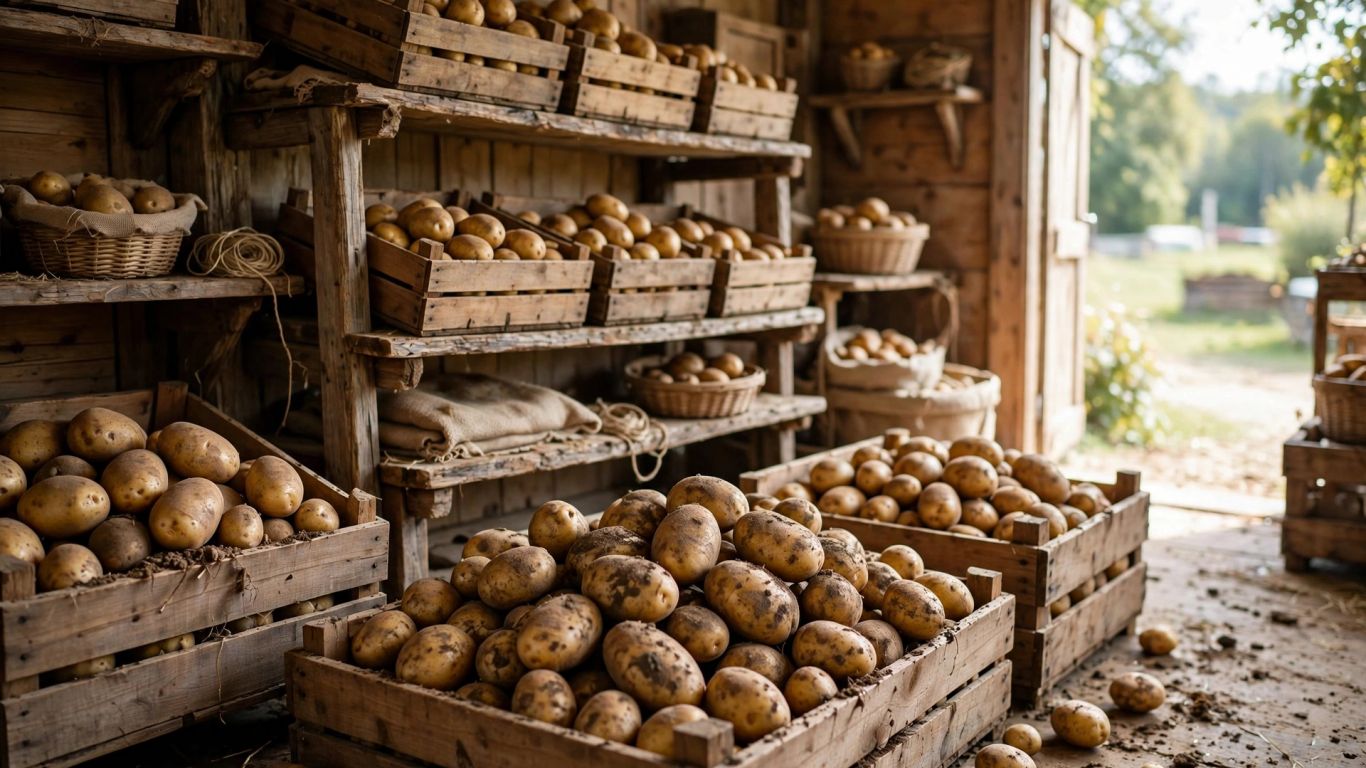 Kratten met verse aardappelen op een boerderij