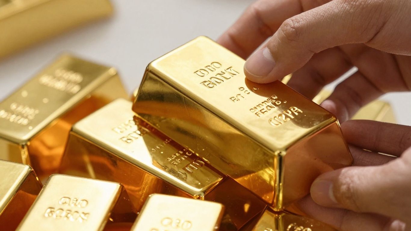 يد مستثمر تضع سبيكة ذهبية على كومة.