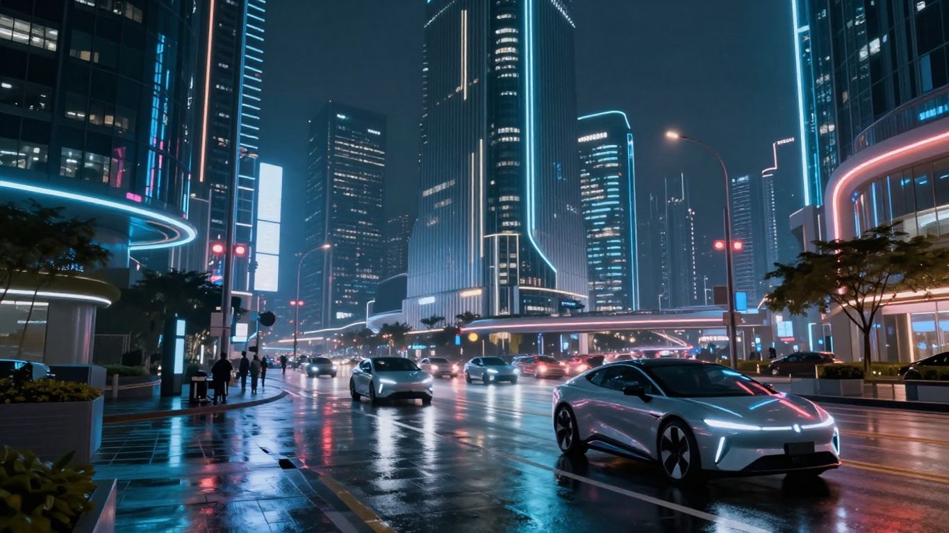 Futuristic cityscape with advanced vehicles and neon lights.