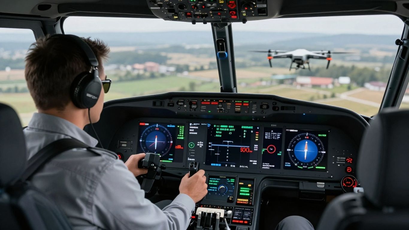Drone pilot reviewing flight data on a screen.