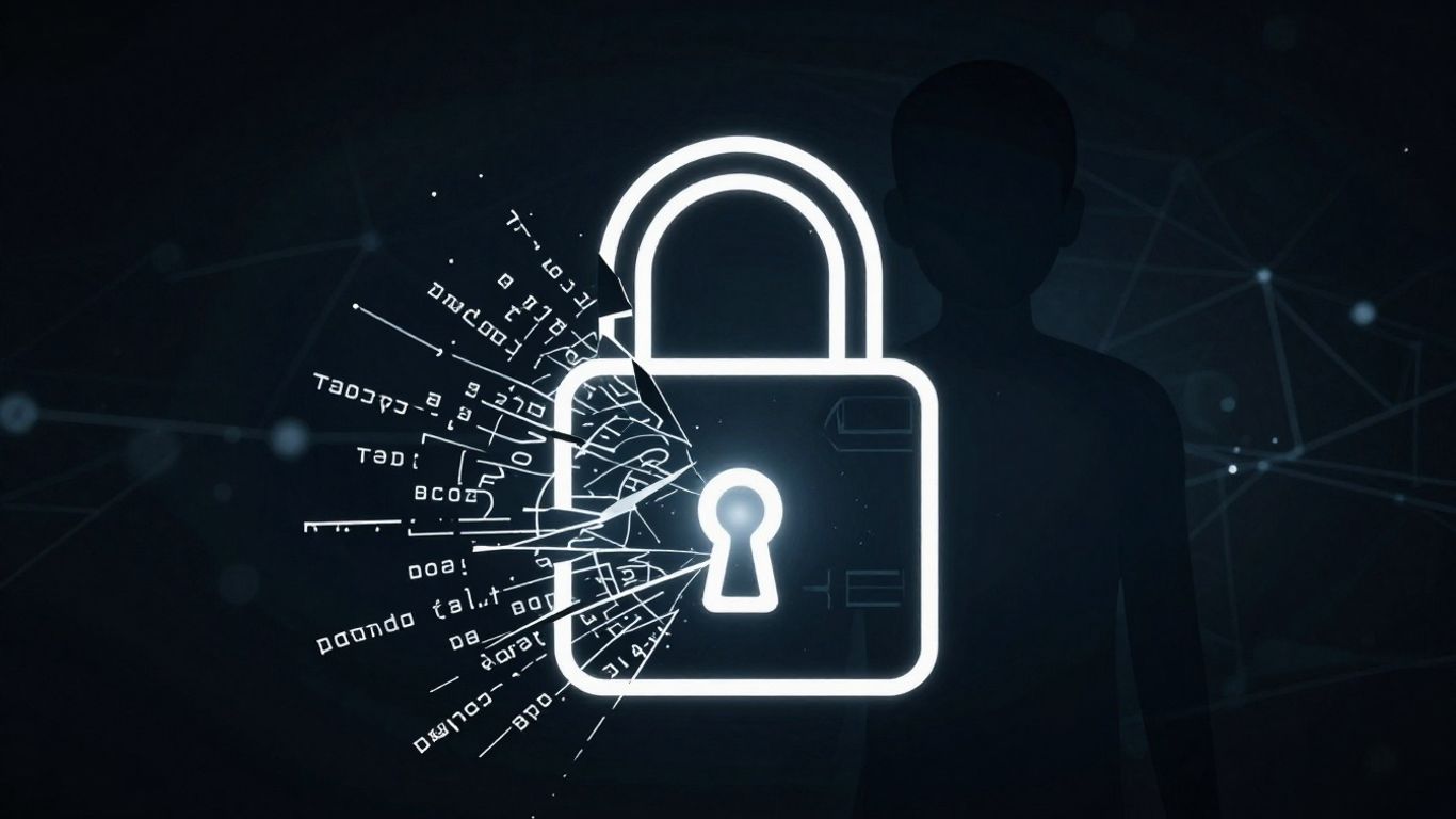 GitHub data breach: fractured lock with code spilling out.