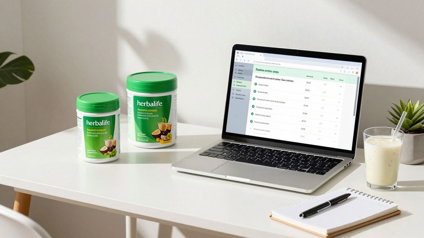 Online Herbalife business success with products and smoothie.