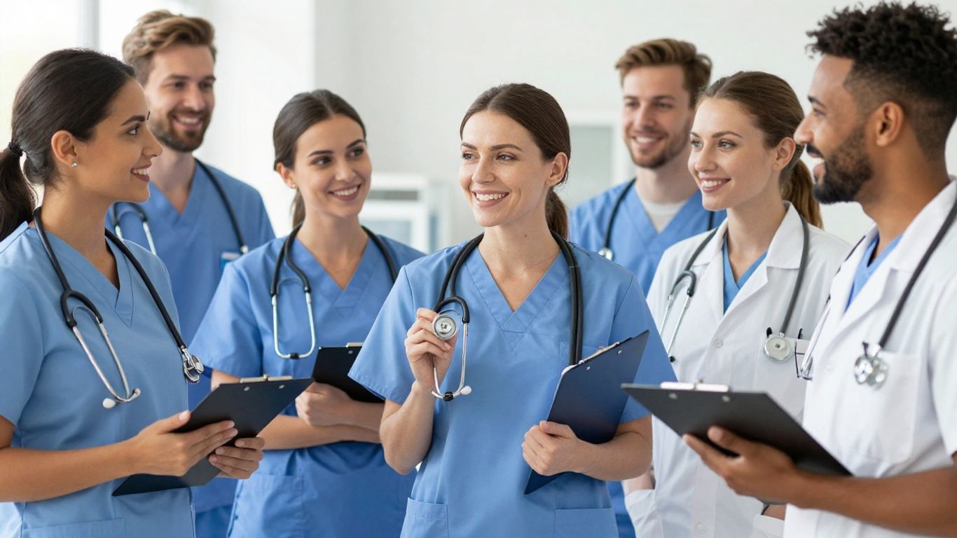 Medical assistants in scrubs smiling with stethoscopes and clipboards.