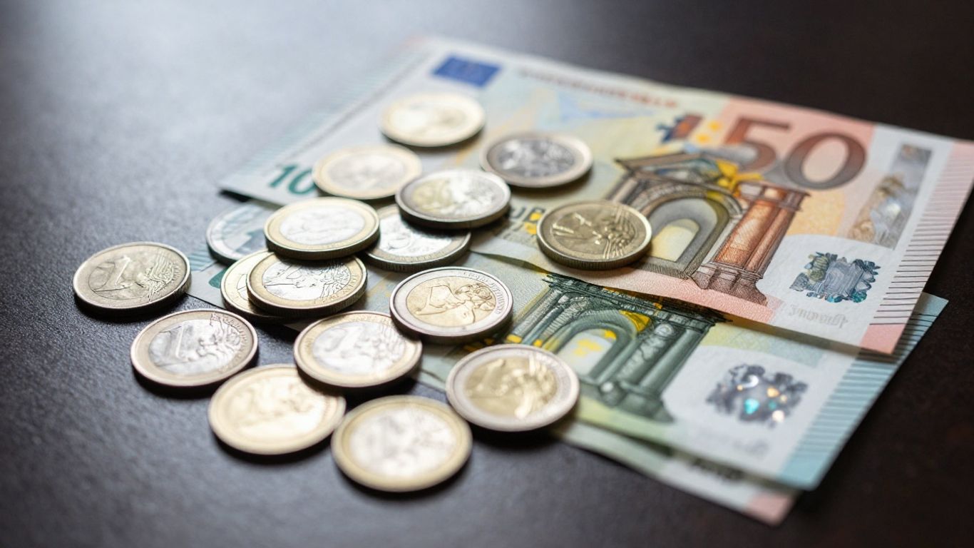 Koin perak dan uang kertas euro di atas meja gelap.