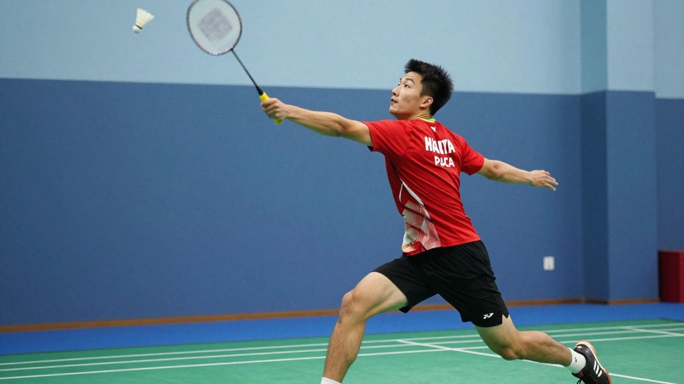 Badminton player executing a powerful serve.