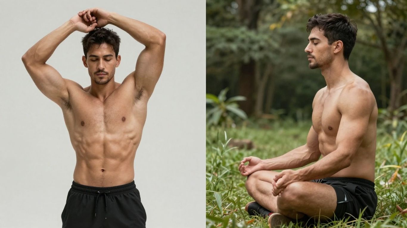 Man stretching after workout and meditating in nature.