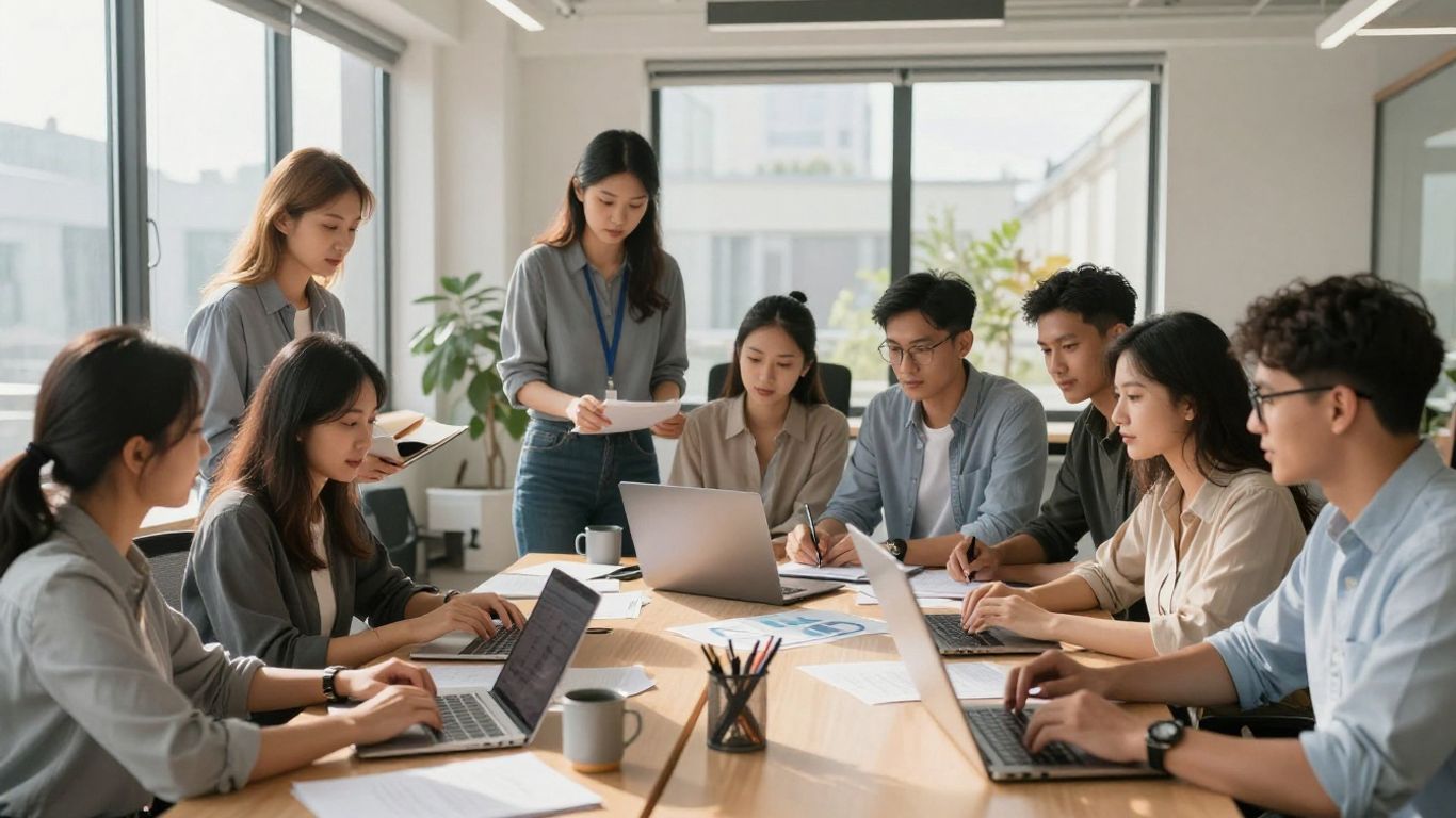 Young professionals collaborating in a bright, modern office.