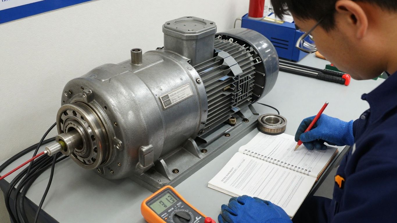 Technician inspecting used industrial motor