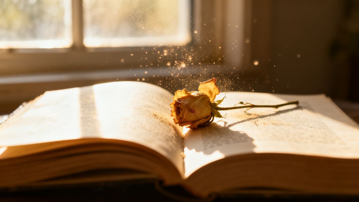 Open book with sunlight and a wilting flower.
