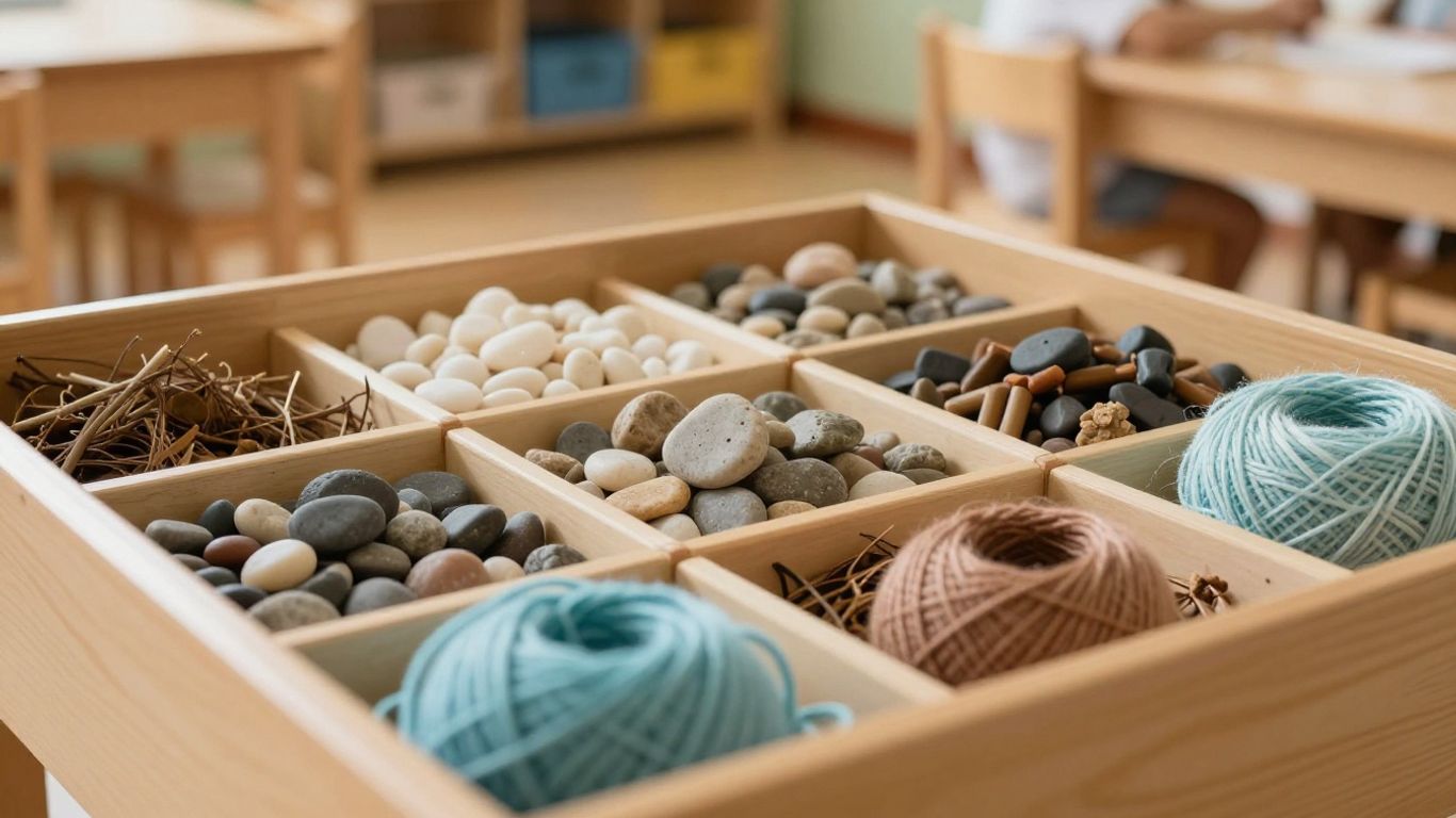 Kindergarten calm down bins with creative fillers.