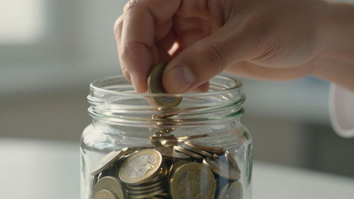 Mâini adăugând monede într-un borcan transparent.