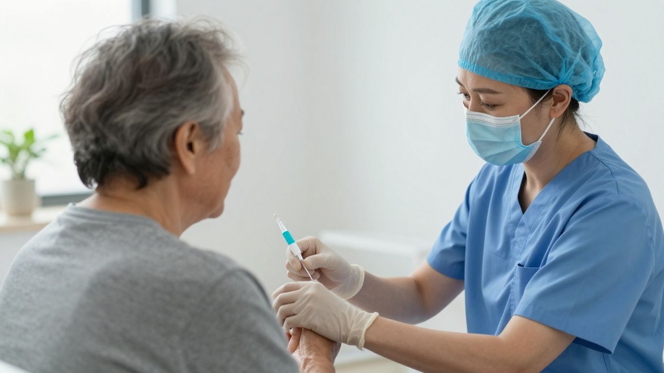Healthcare worker giving medication to a patient.