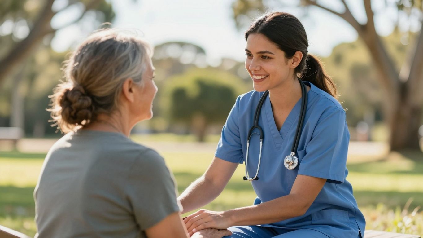 Nurse supporting patient in sunny Australian landscape.