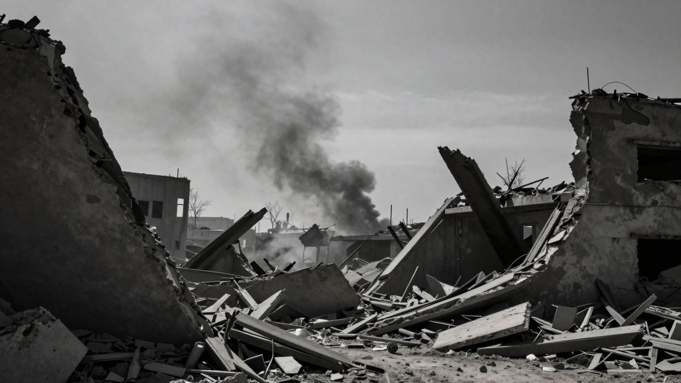 Peisaj devastat dintr-o zonă de conflict.