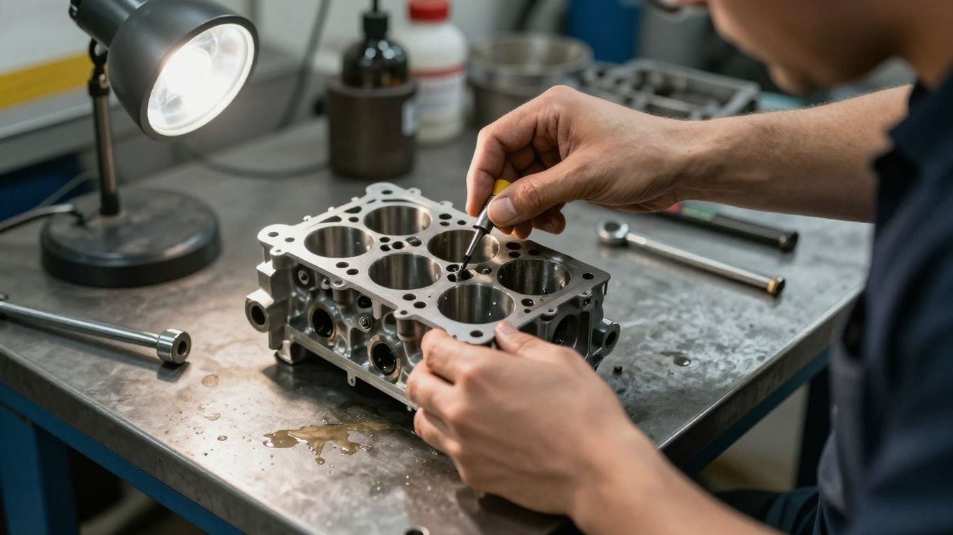 Technician inspecting engine block and cylinder head