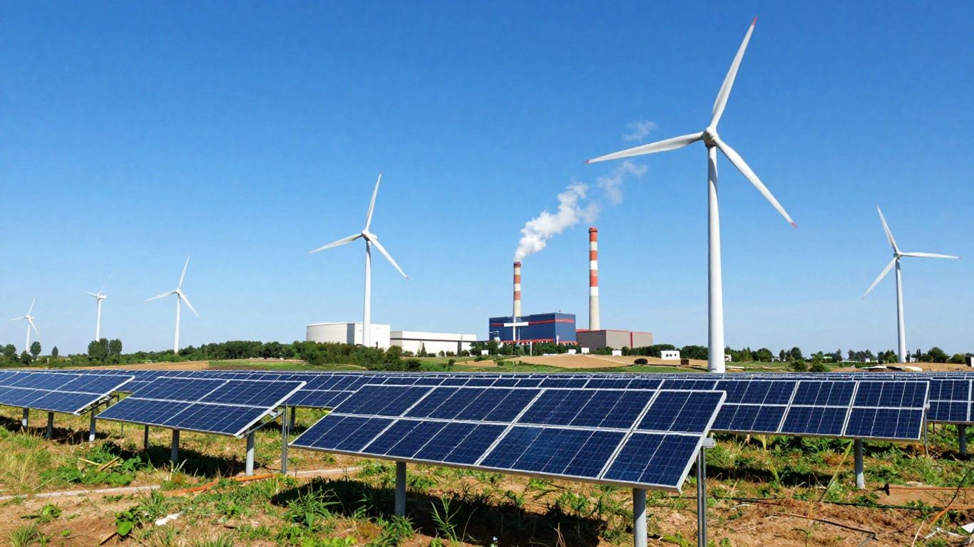 Turbines éoliennes et panneaux solaires dans un paysage ensoleillé.