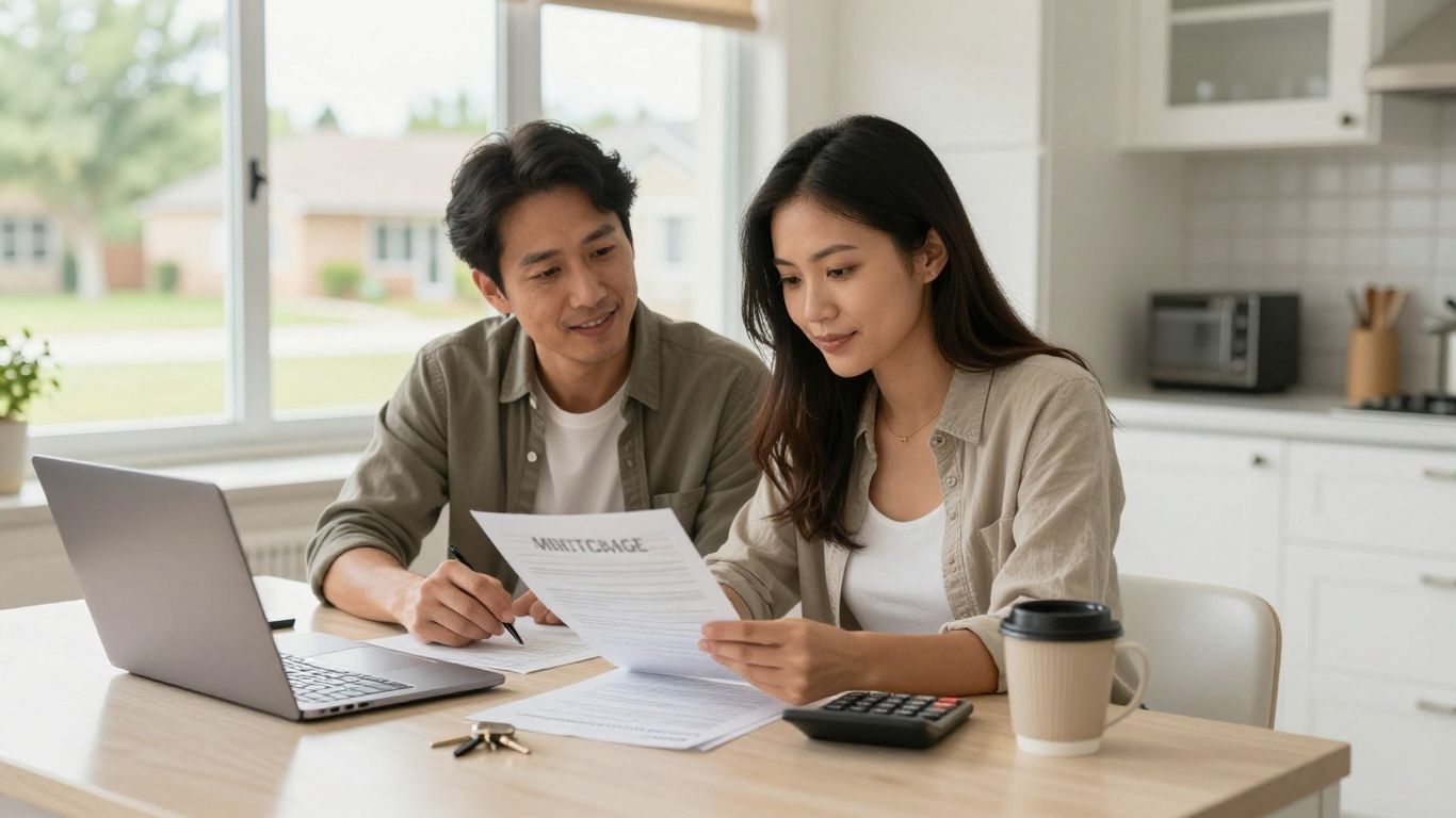 Houston couple reviewing mortgage numbers at home