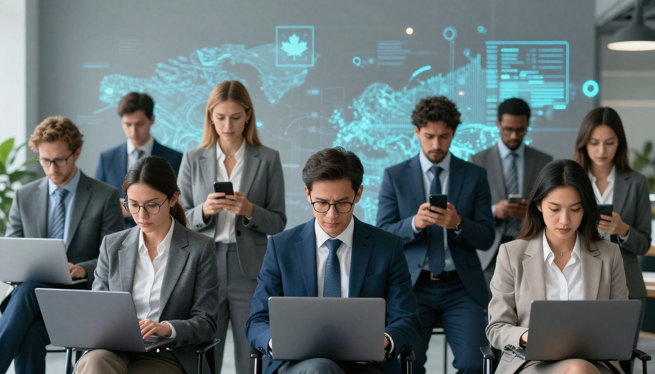 Canadian business owners using social media marketing tools on devices.