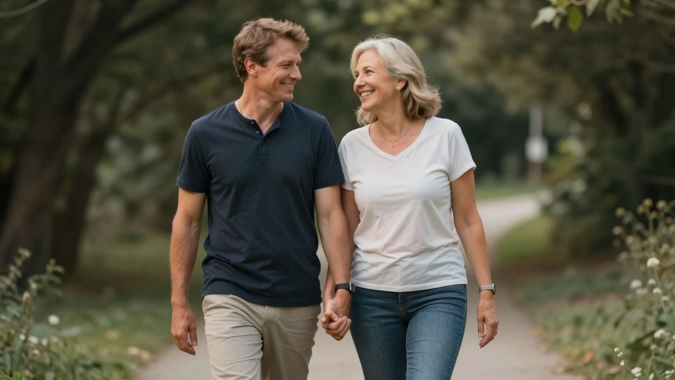 Couple with age difference walking happily together.