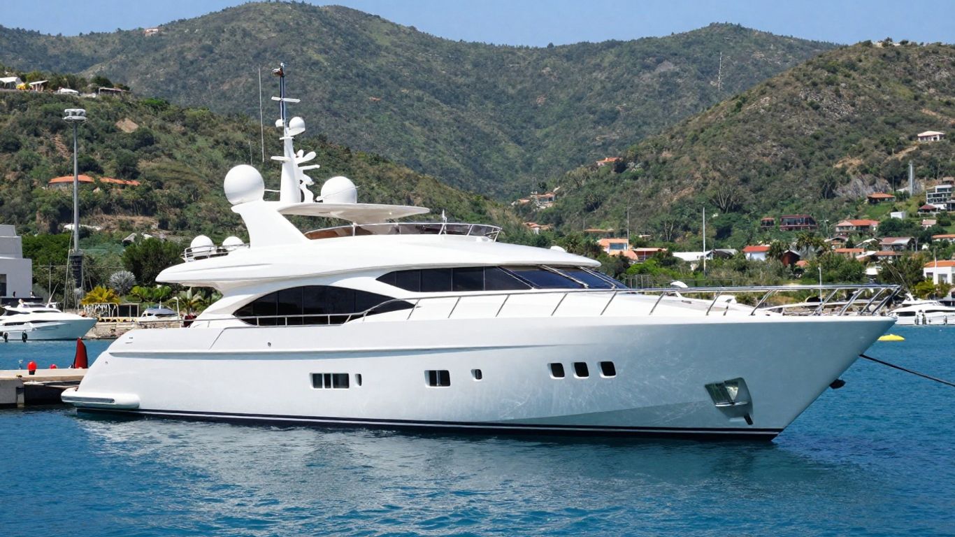 Luxurious superyacht docked in a sunny harbor.