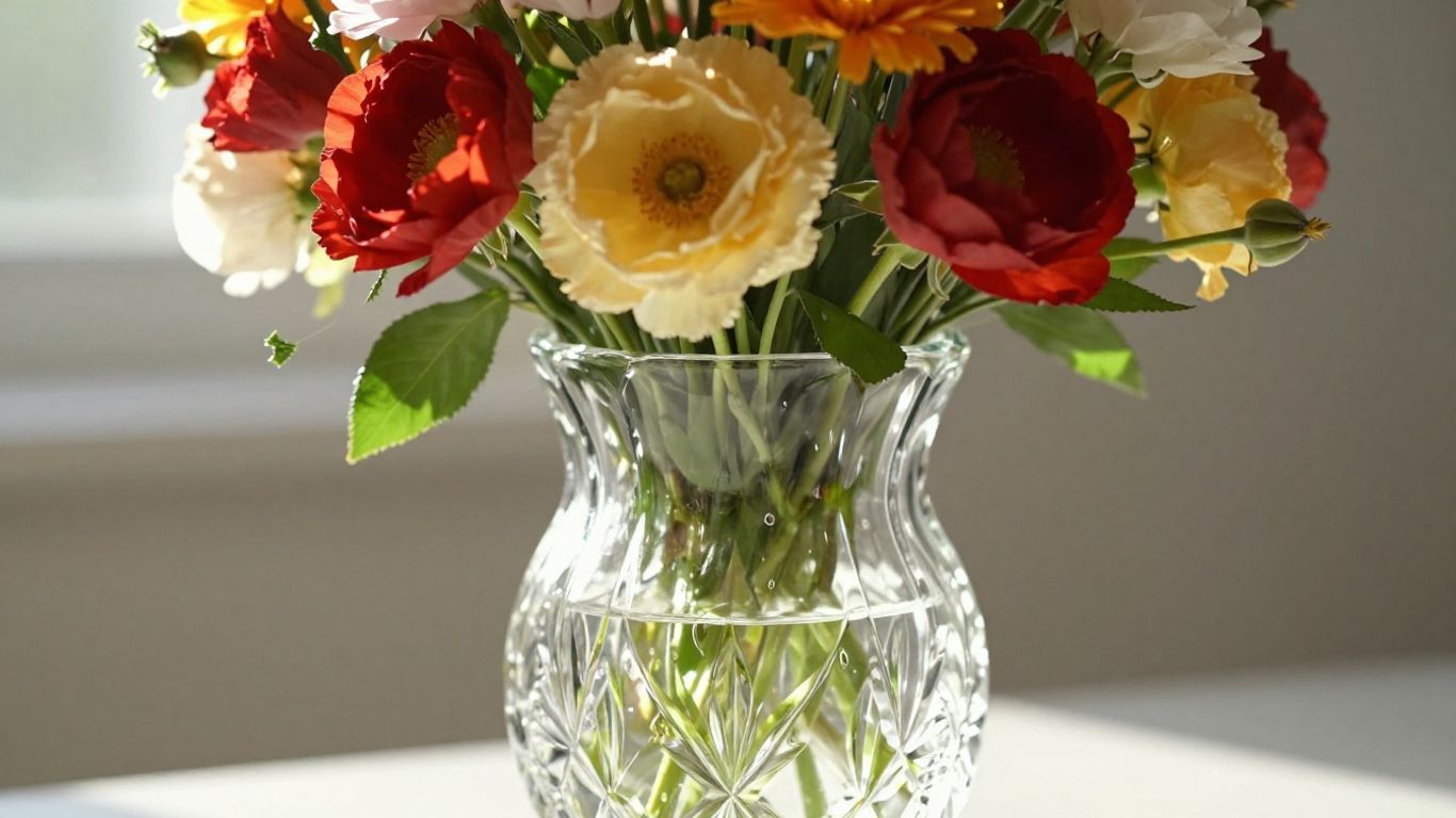 Elegant cut glass vase with flowers, sparkling in light.