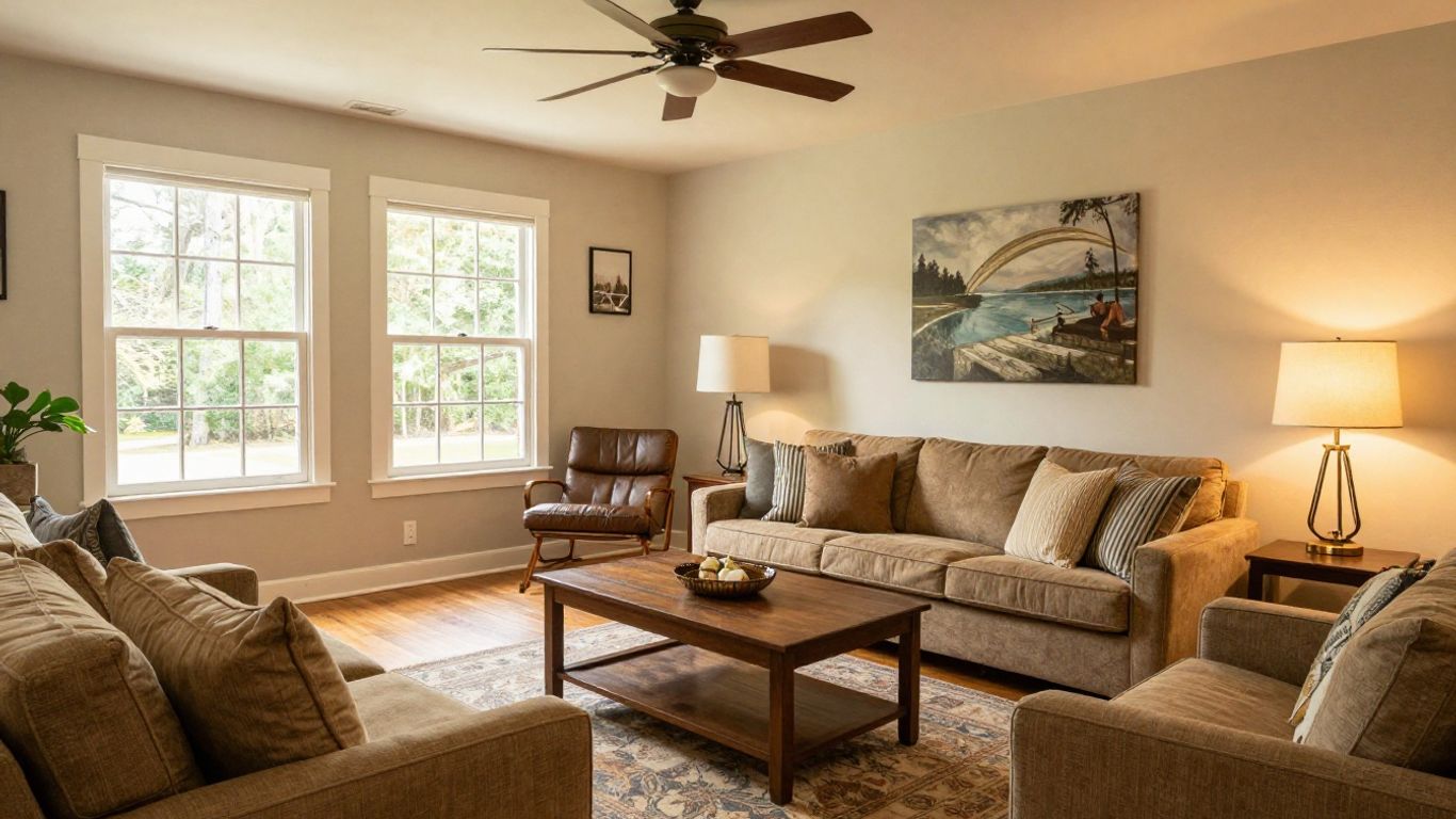 Remodeled basement living space with comfortable seating and warm lighting.
