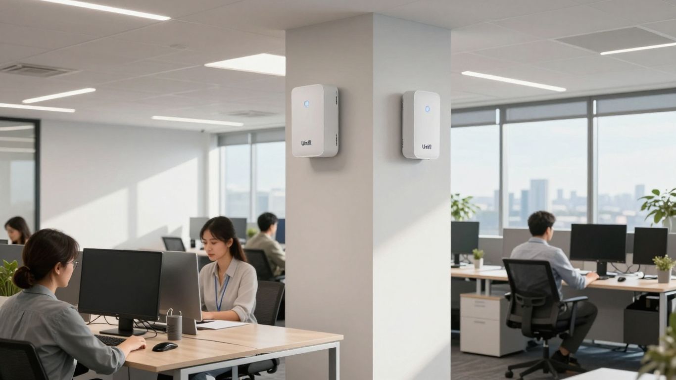 UniFi WiFi installation in a modern Brisbane office.