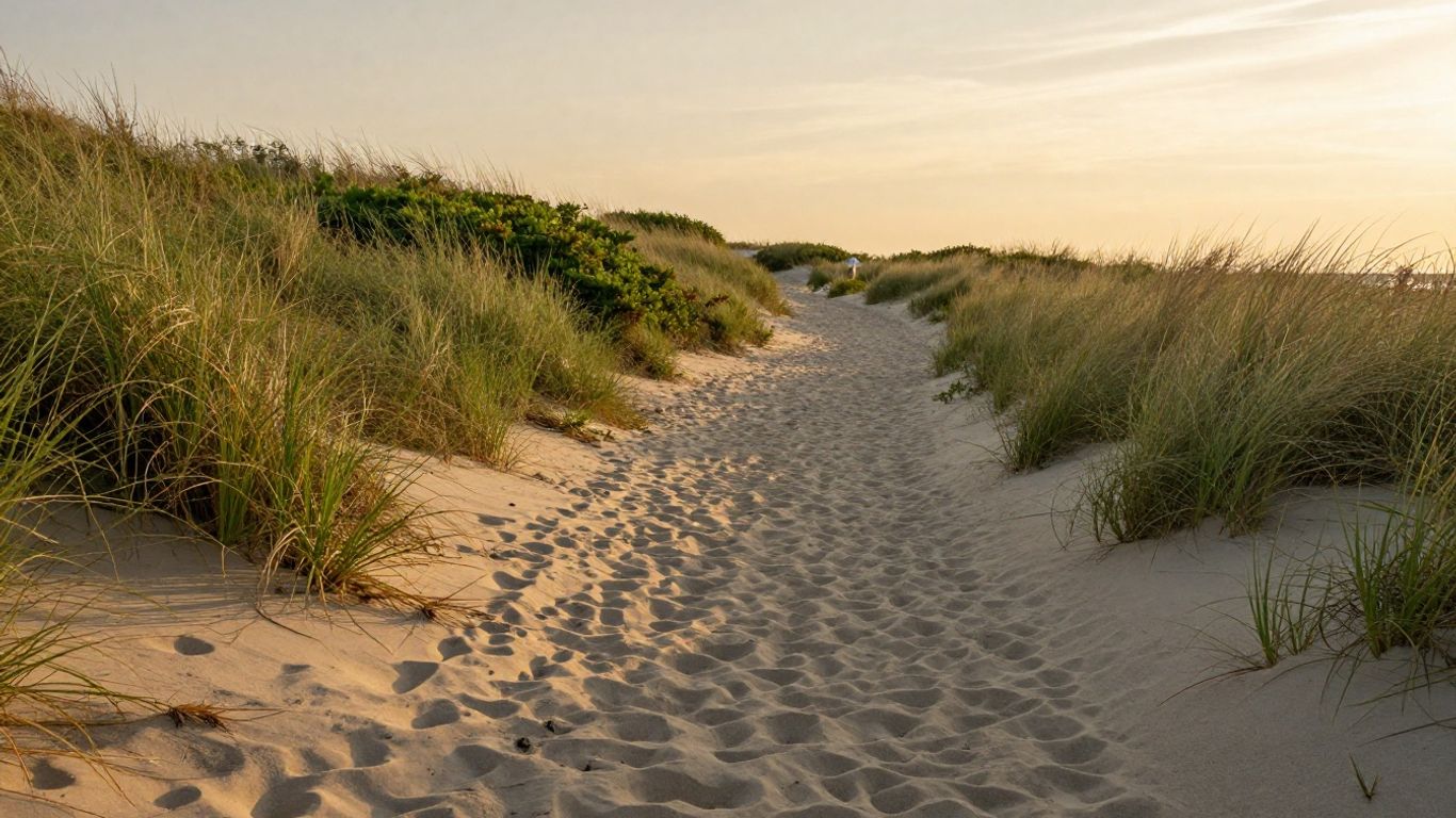 Golden sunlight reflecting on a quiet beach path