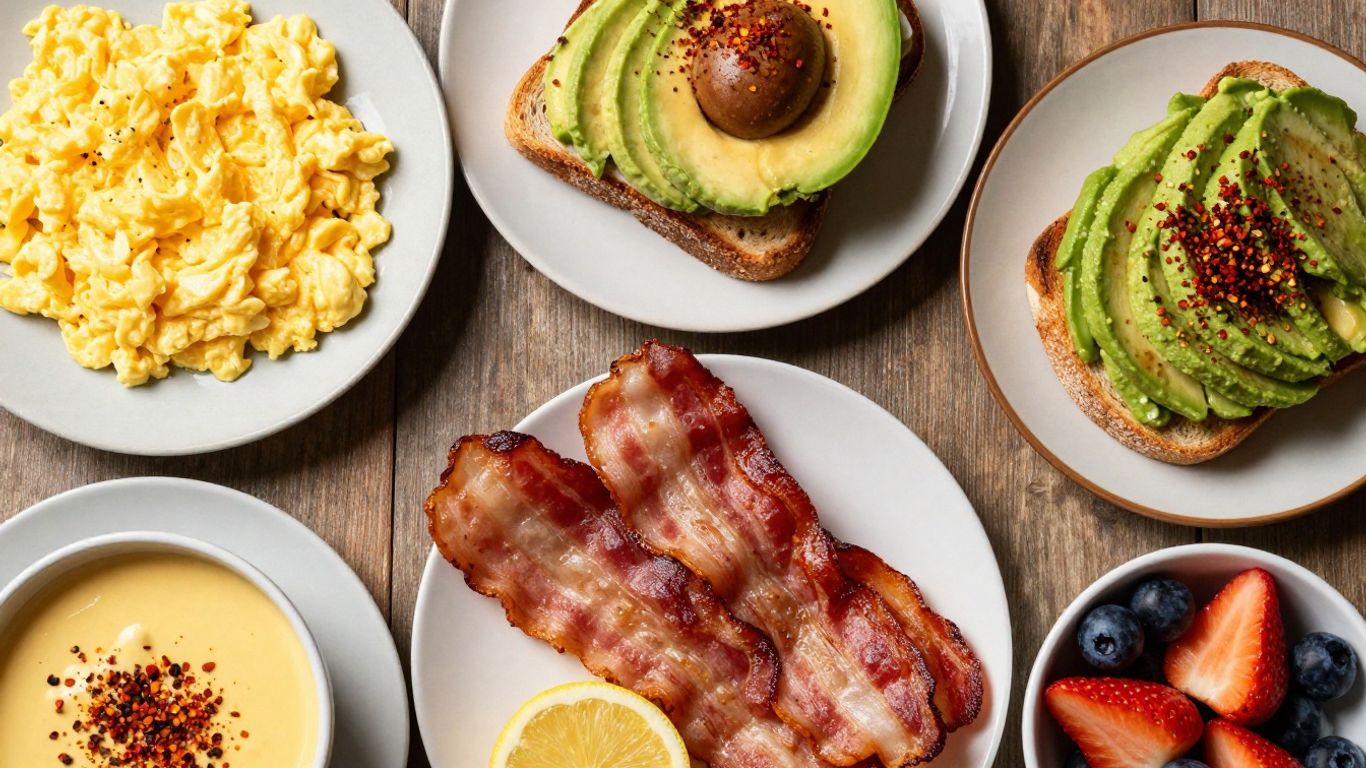 Savory breakfast spread with eggs, bacon, and avocado toast.