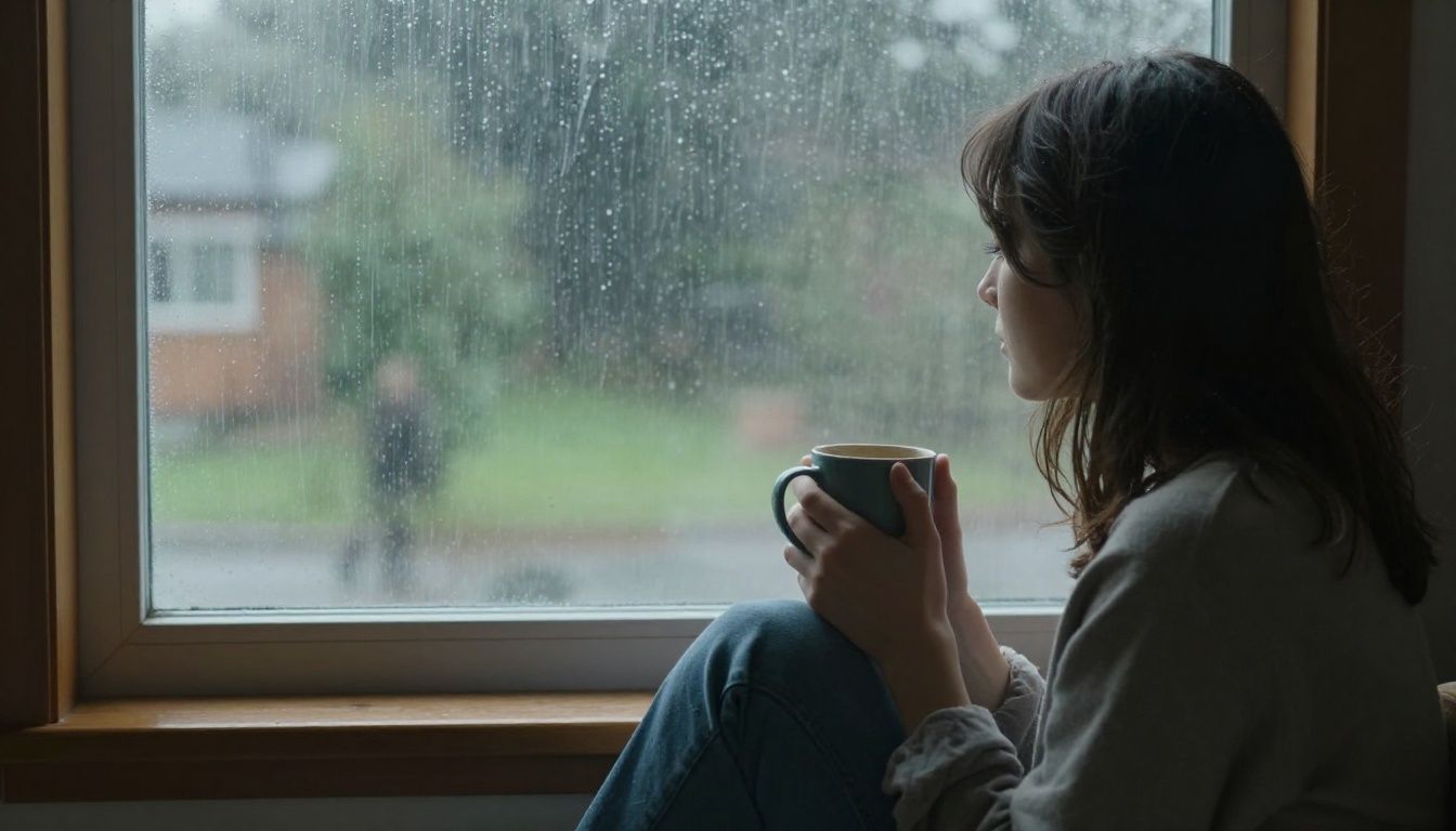 A person sits quietly on a window seat, looking out at a gentle rain, holding a warm mug. The mood is calm and reflective, not sad, suggesting a moment of peace amidst turmoil.